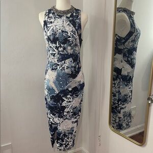 Jennifer Lopez Blue and White Patterned Midi Dress